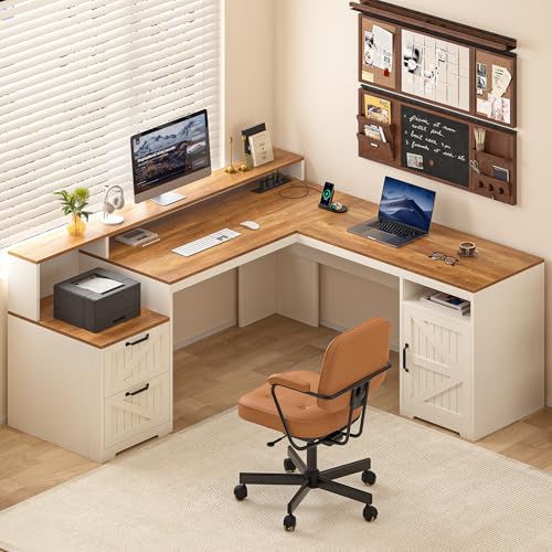 63" L Shaped Executive Desk with Drawers & Storage Shelf, Antique White E395946