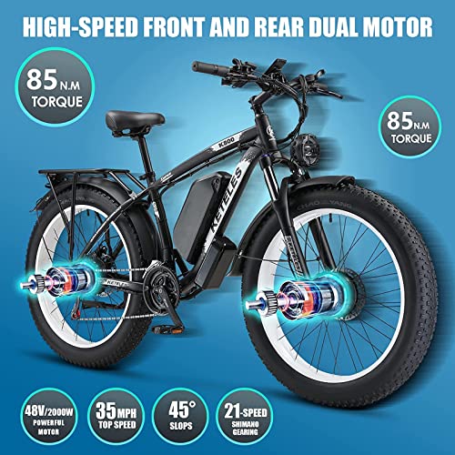 2000W Dual Motor Electric Bike 26" Fat Tire 48V 23AH Removable Battery 35 MPH 21 Speed Hydraulic Disc Brake F636