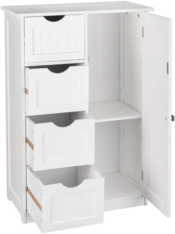 White 4 Drawer Single Door Bathroom Floor Cabinet Y6451