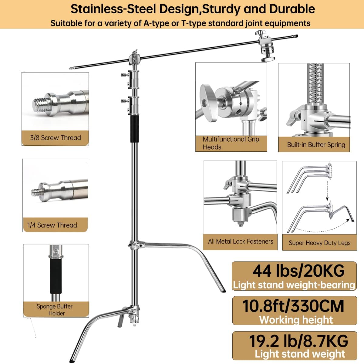 10.8ft Stainless-Steel C Stand with Boom Arm, 2pcs Grip Heads X600210
