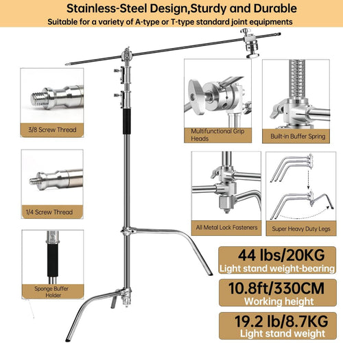 10.8ft Stainless-Steel C Stand with Boom Arm, 2pcs Grip Heads X600210