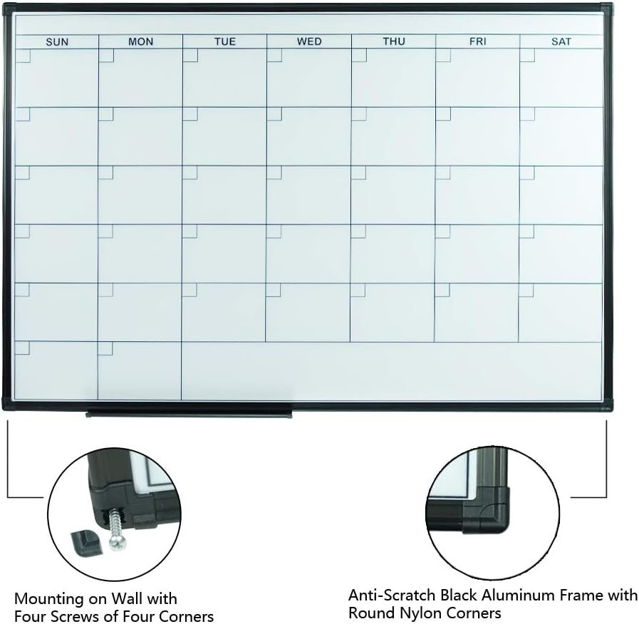 Black Aluminium Framed Magnetic Dry Erase Calendar Whiteboard 36 x 24 Inch S158440