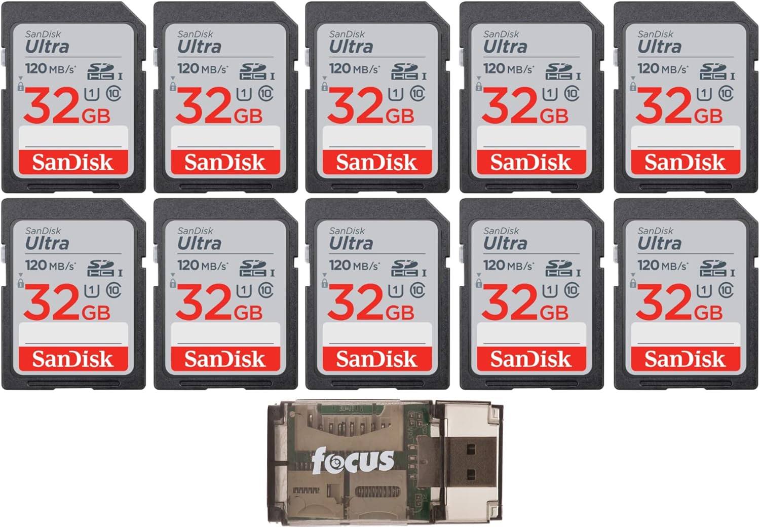 32GB 120MB/s Ultra UHS-I SDXC Memory Card 10-Pack with Card Reader Bundle N588144