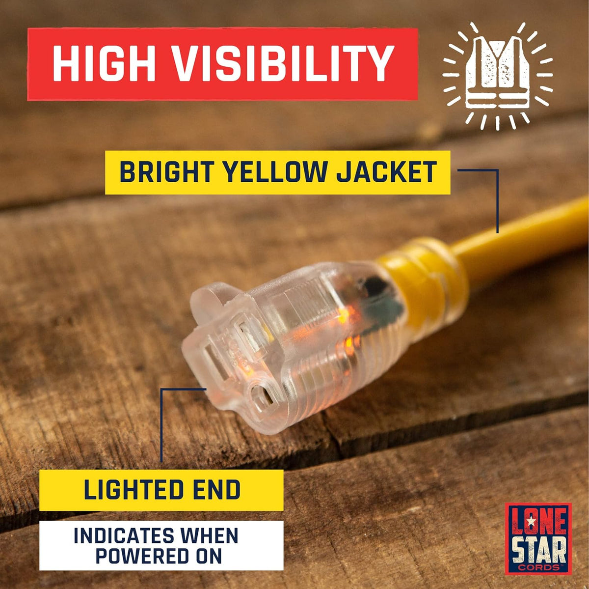Yellow 12/3 SJTW Lighted Extension Cord, 100 Foot, 3 Prong Grounded Plug, 12 Gauge Cable, Pack of 2 D57297