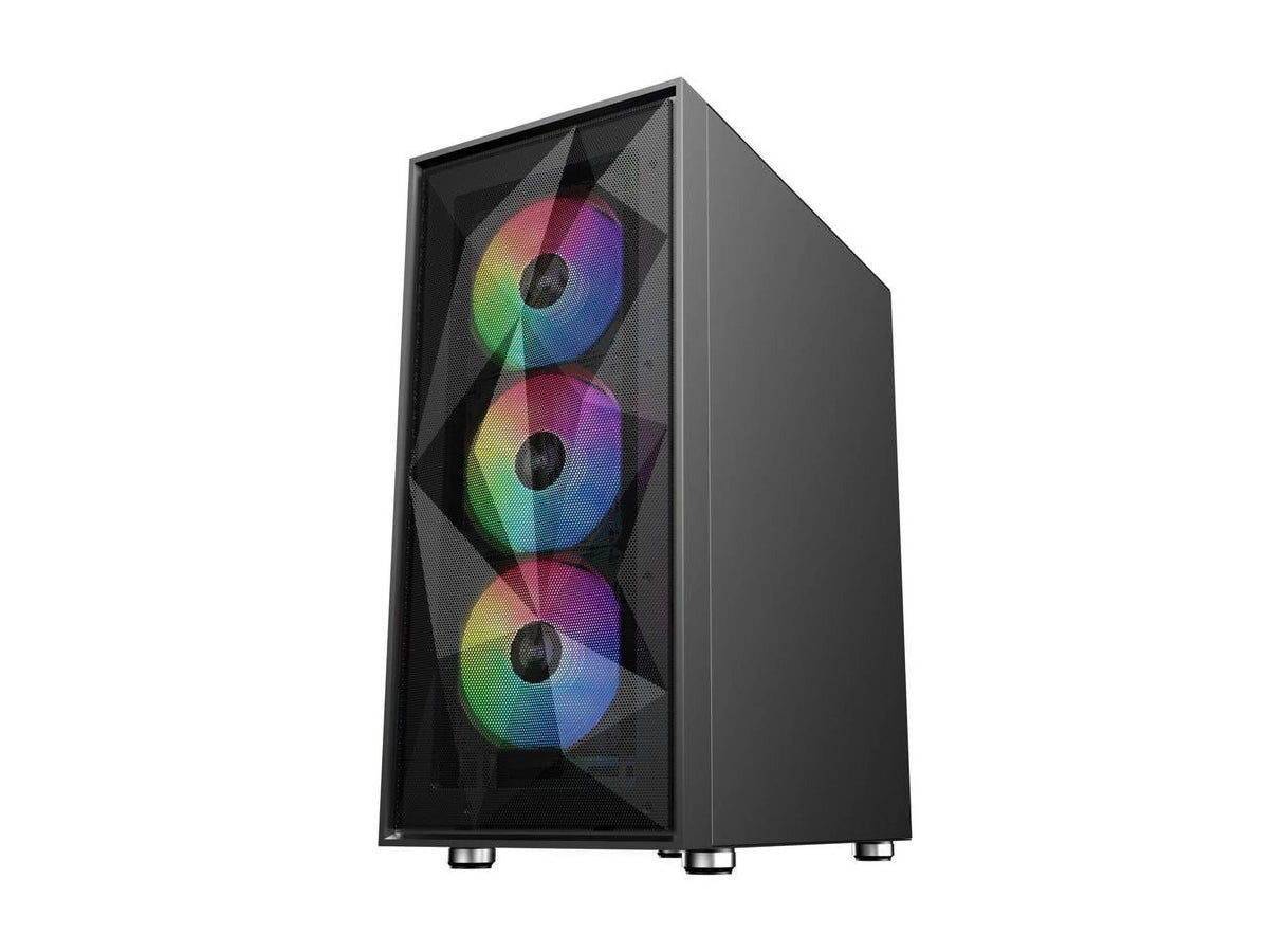 Black ATX Mid Tower Gaming Computer Case with Tempered Glass and 4 ARGB LED Fans T493
