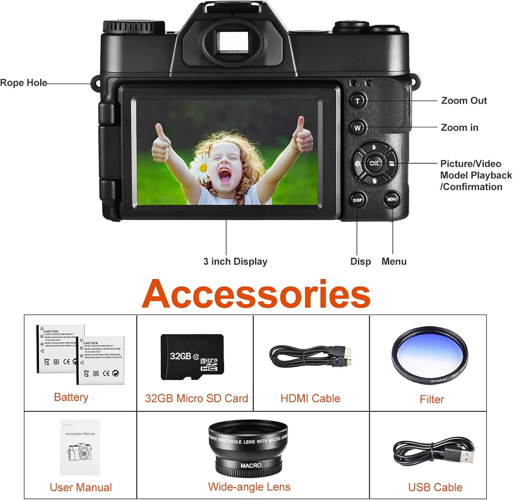 4K Digital Vlogging Camera with WiFi, 48MP, 3.0" IPS Flip Screen, 16X Digital Zoom K258968