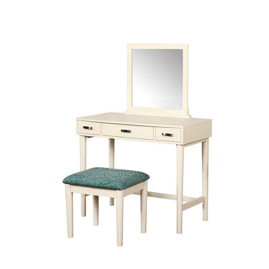 Off-White 3-Drawer Vanity Set with Green Swirl Upholstered Stool S9557