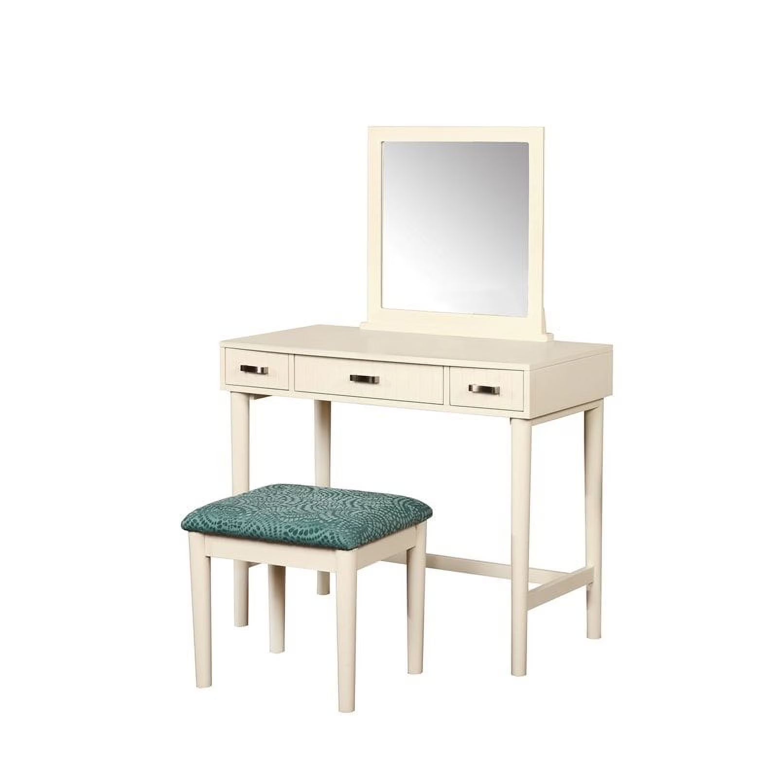 Off-White 3-Drawer Vanity Set with Green Swirl Upholstered Stool S9557