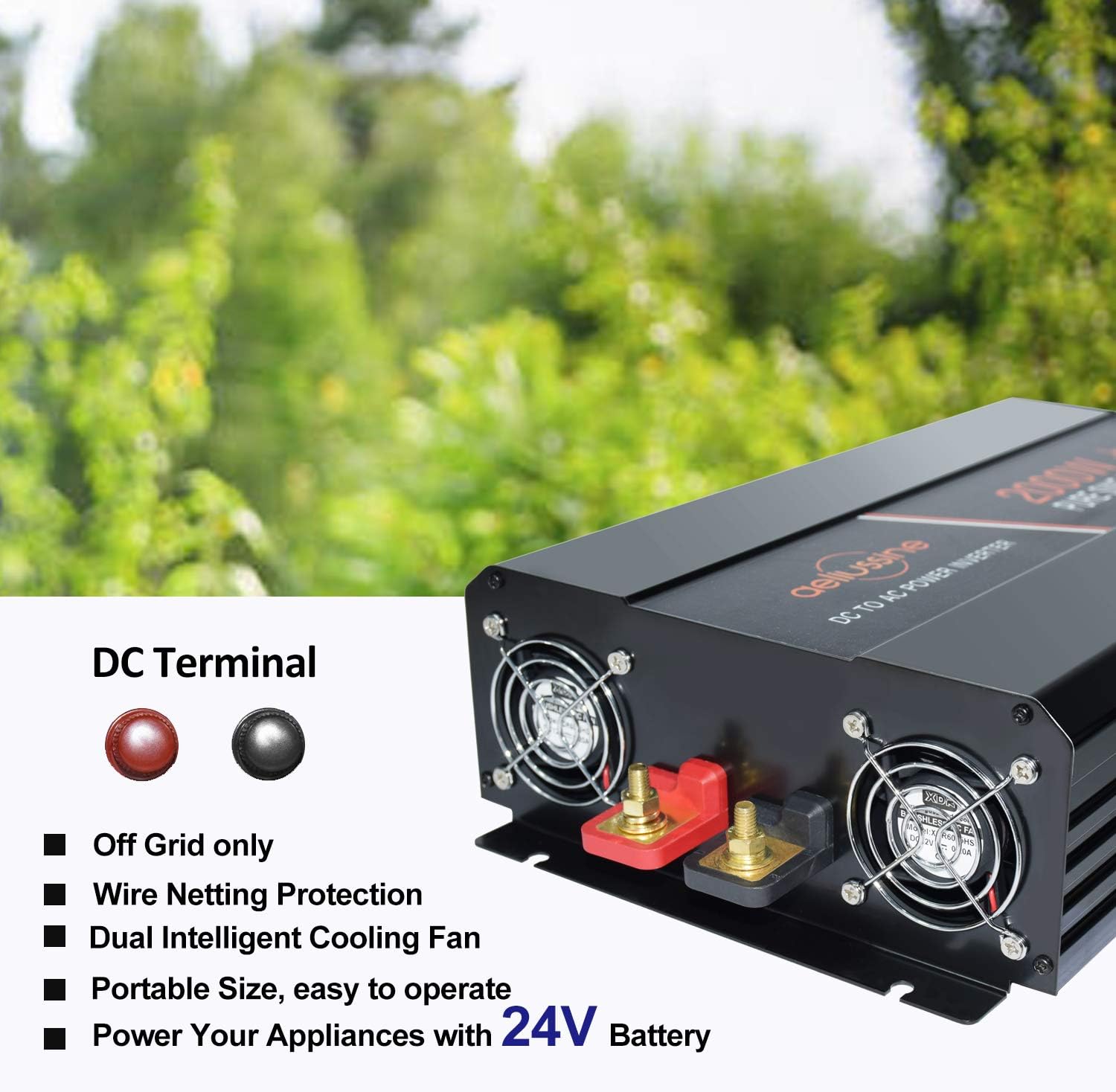 2000 Watt Pure Sine Wave Power Inverter 24V DC to AC 120V with LCD Display G839