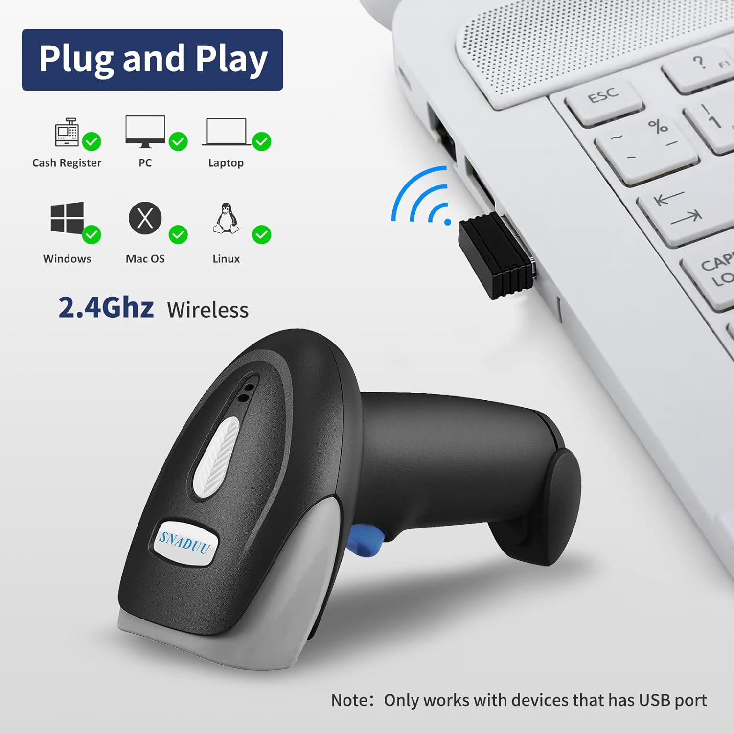 Wireless Barcode Scanner with Stand, CMOS USB POS Scanner for PC Computer Laptop F13468