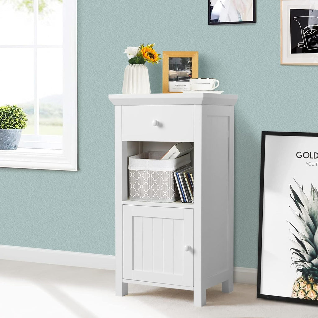 White Freestanding Wooden Bathroom Floor Cabinet, 1 Drawer & 1 Cabinet & 1 Open Shelf, Pack of 2 I74508