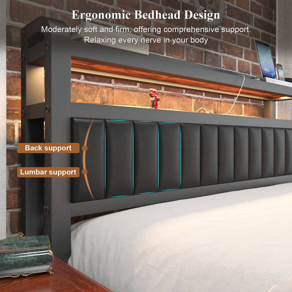 Black Full Bed Frame with Storage Headboard and Drawers W203