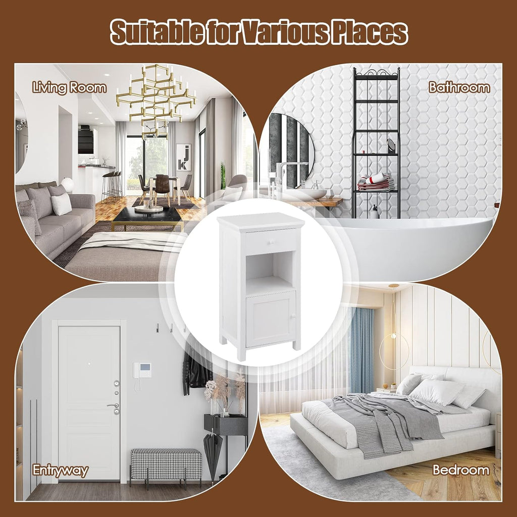 White Freestanding Wooden Bathroom Floor Cabinet, 1 Drawer & 1 Cabinet & 1 Open Shelf, Pack of 2 I74508