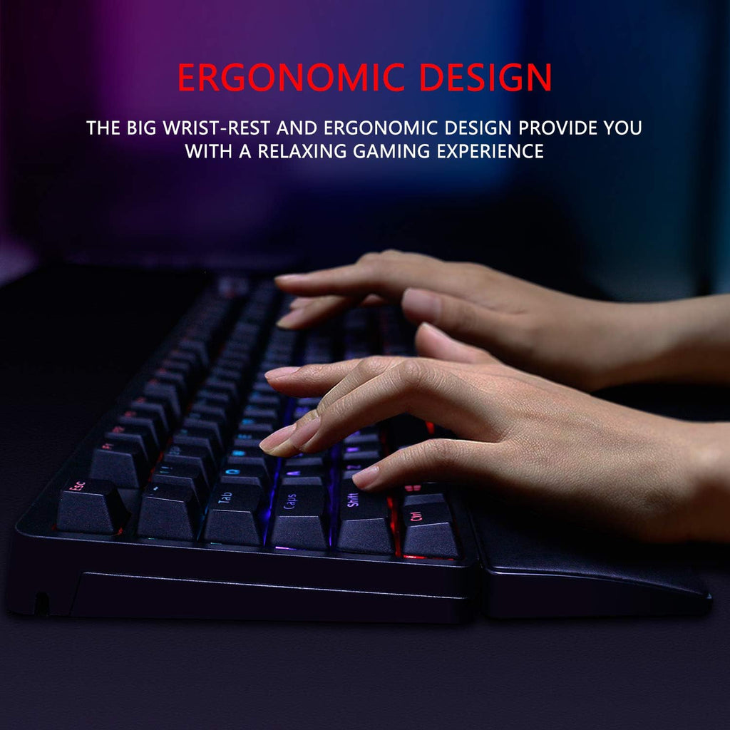 RedThunder K55 Mechanical Gaming Keyboard, Quiet Red Switch, Chroma RGB Lighting, Soft Leather Wrist-Rest, Standard Full Size Wired Keyboard with Dedicated Media Keys & Dial for PC M100683