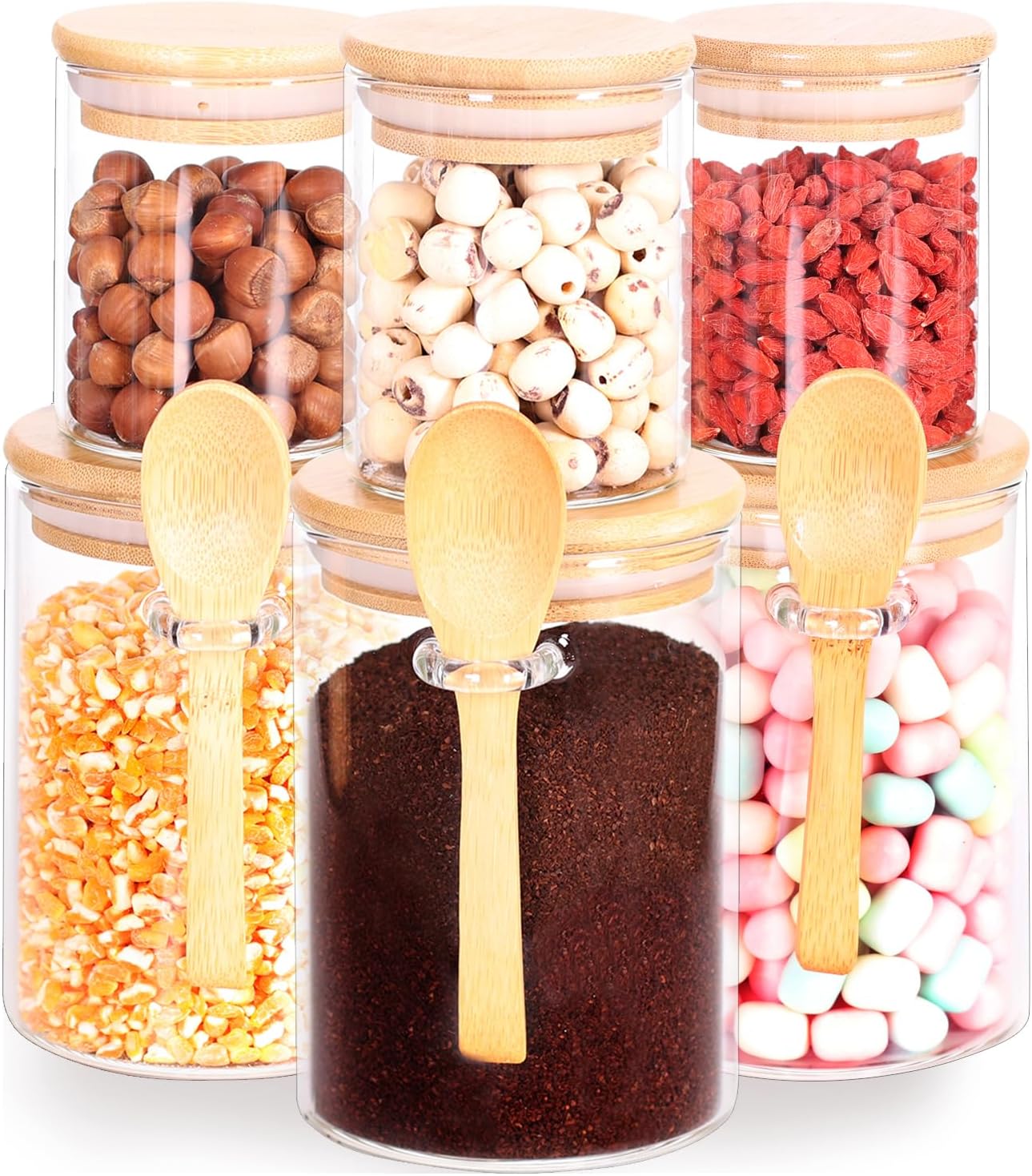 3 Pack 17 oz Glass Jars with Lids and Spoons and 3 Pack 6 oz Glass Spice Jars with Lids, Clear Glass Jars Set of 6 F42809