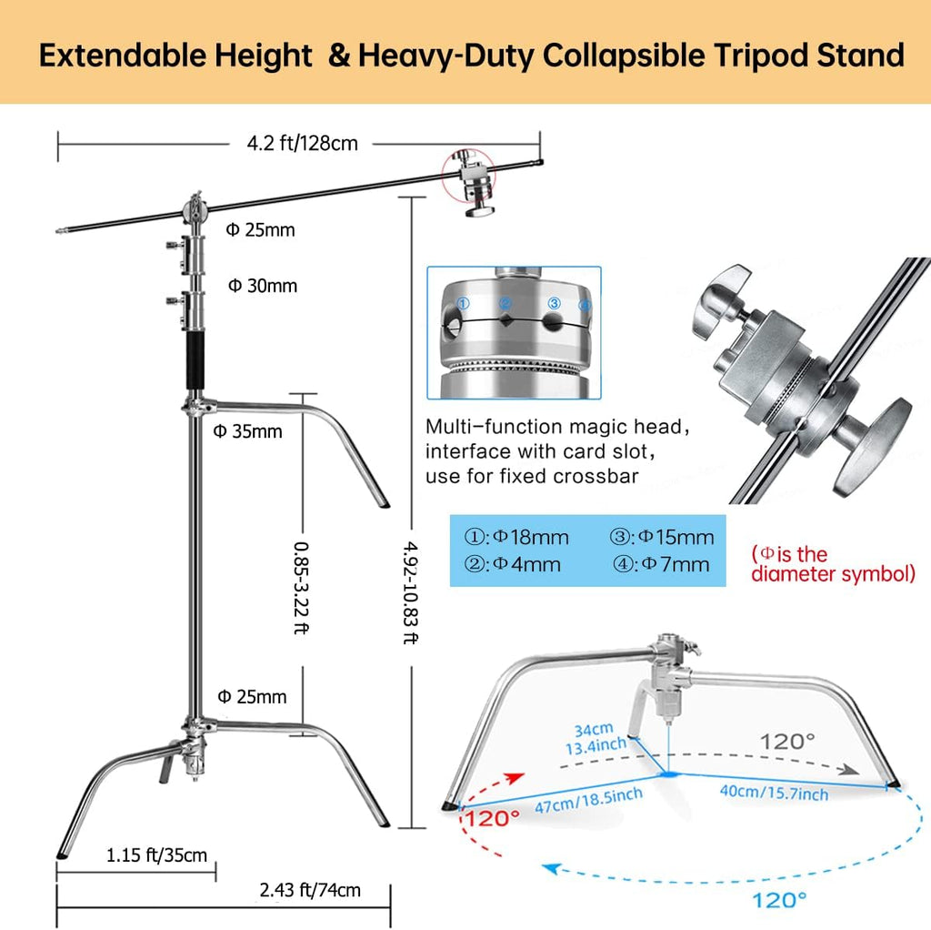 10.8ft Stainless-Steel C Stand with Boom Arm, 2pcs Grip Heads X600210