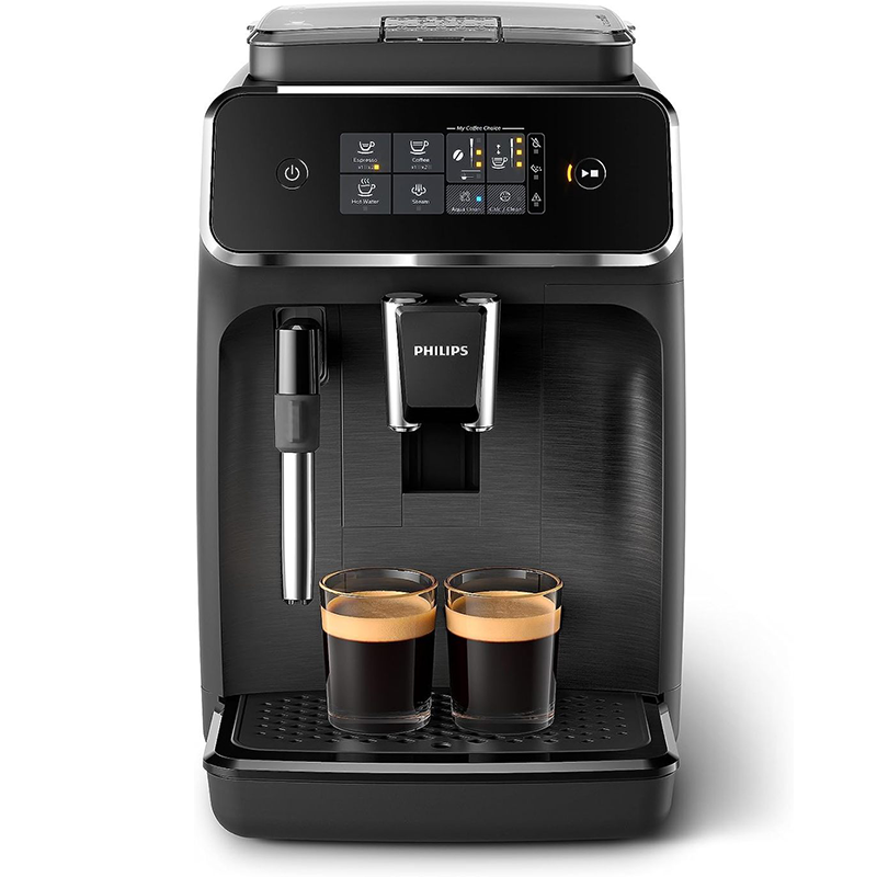 Black fully automatic espresso machine with milk frother R737