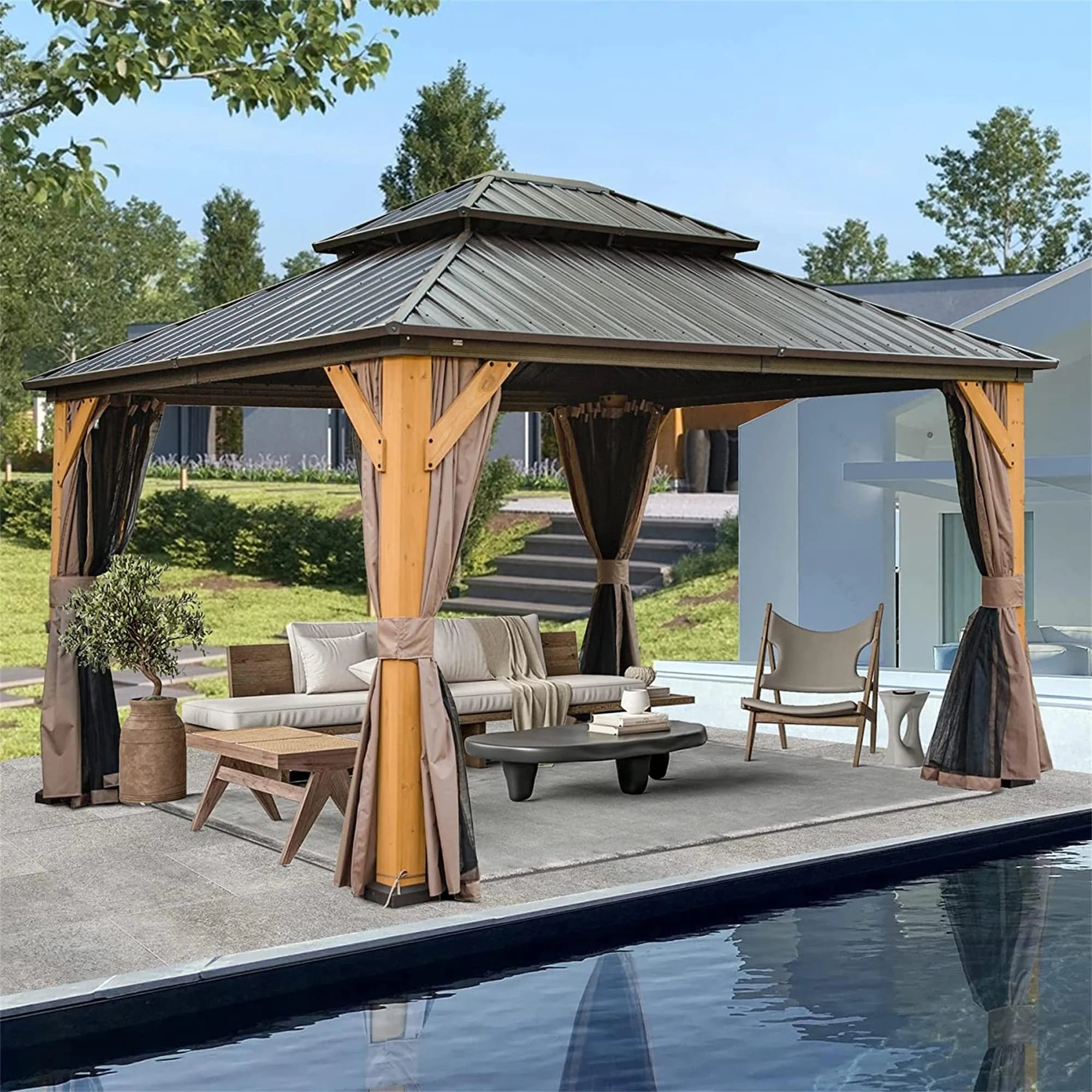 12 x 14 ft Hardtop Gazebo with Galvanized Steel Double Roof and Cedar Wood Frame K66070