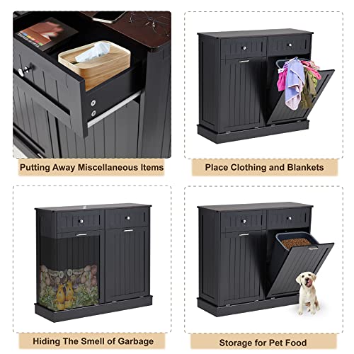 White Wooden Tilt Out Trash Cabinet with Hideaway Drawer and Bamboo Cutting Board K892