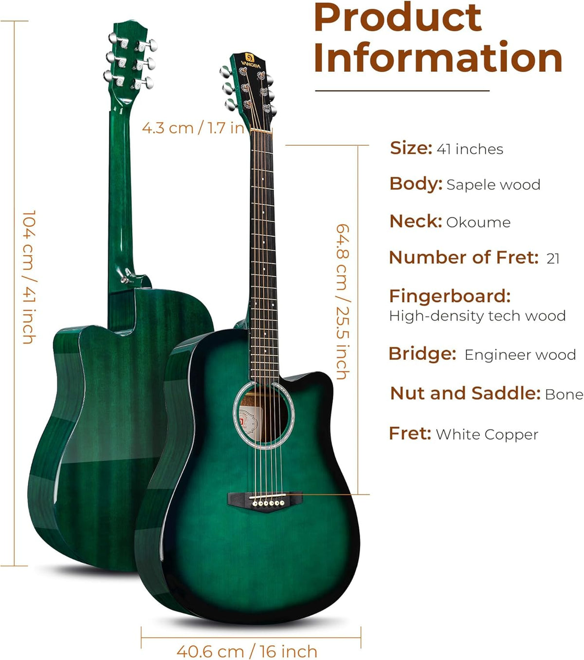 Blue 41 Inch Cutaway Acoustic Guitar Bundle with Gig Bag N746
