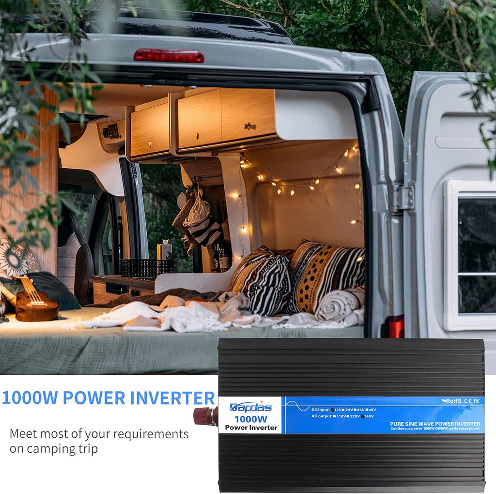1000W Pure Sine Wave Power Inverter DC 12V to AC 110V with 4 AC Outlets and 1 USB Port Y91856