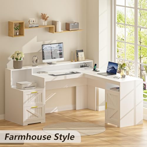 63" L Shaped Executive Desk with Drawers & Storage Shelf, Antique White E395946