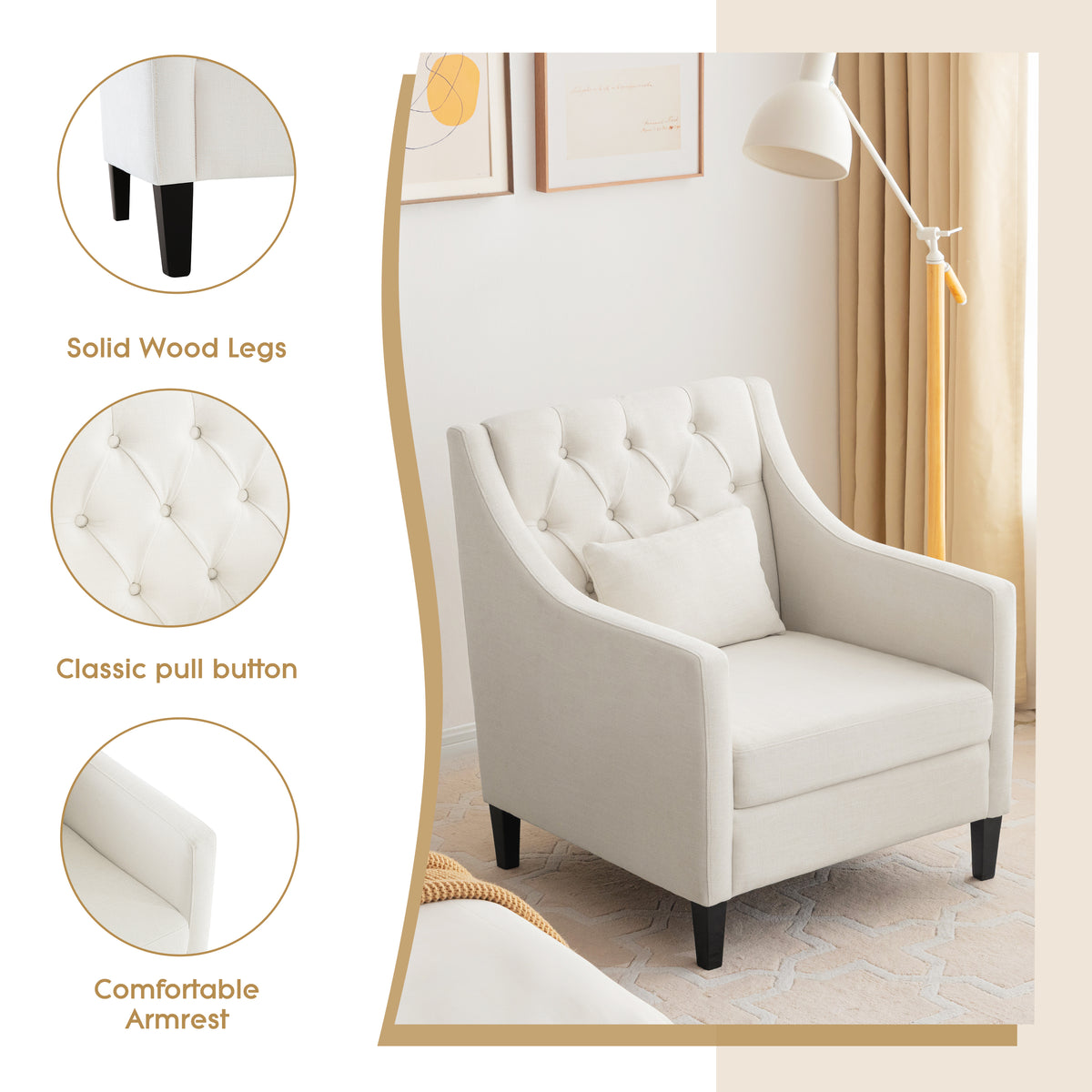 Beige Fabric Accent Chair with Wood Frame S4375