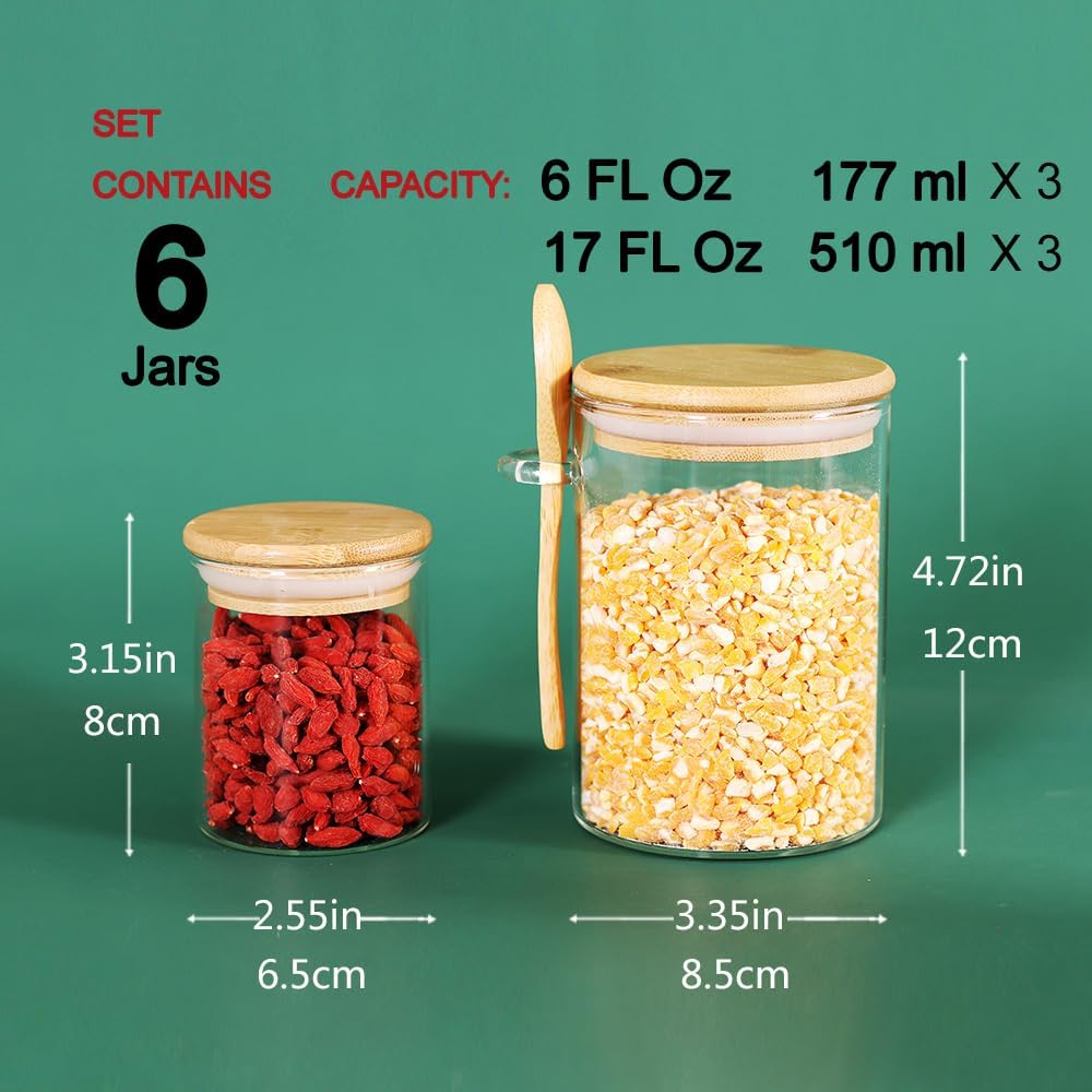 3 Pack 17 oz Glass Jars with Lids and Spoons and 3 Pack 6 oz Glass Spice Jars with Lids, Clear Glass Jars Set of 6 F42809