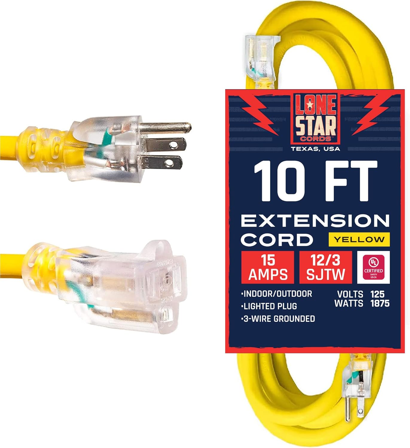 Yellow 12/3 SJTW Lighted Extension Cord, 100 Foot, 3 Prong Grounded Plug, 12 Gauge Cable, Pack of 2 D57297