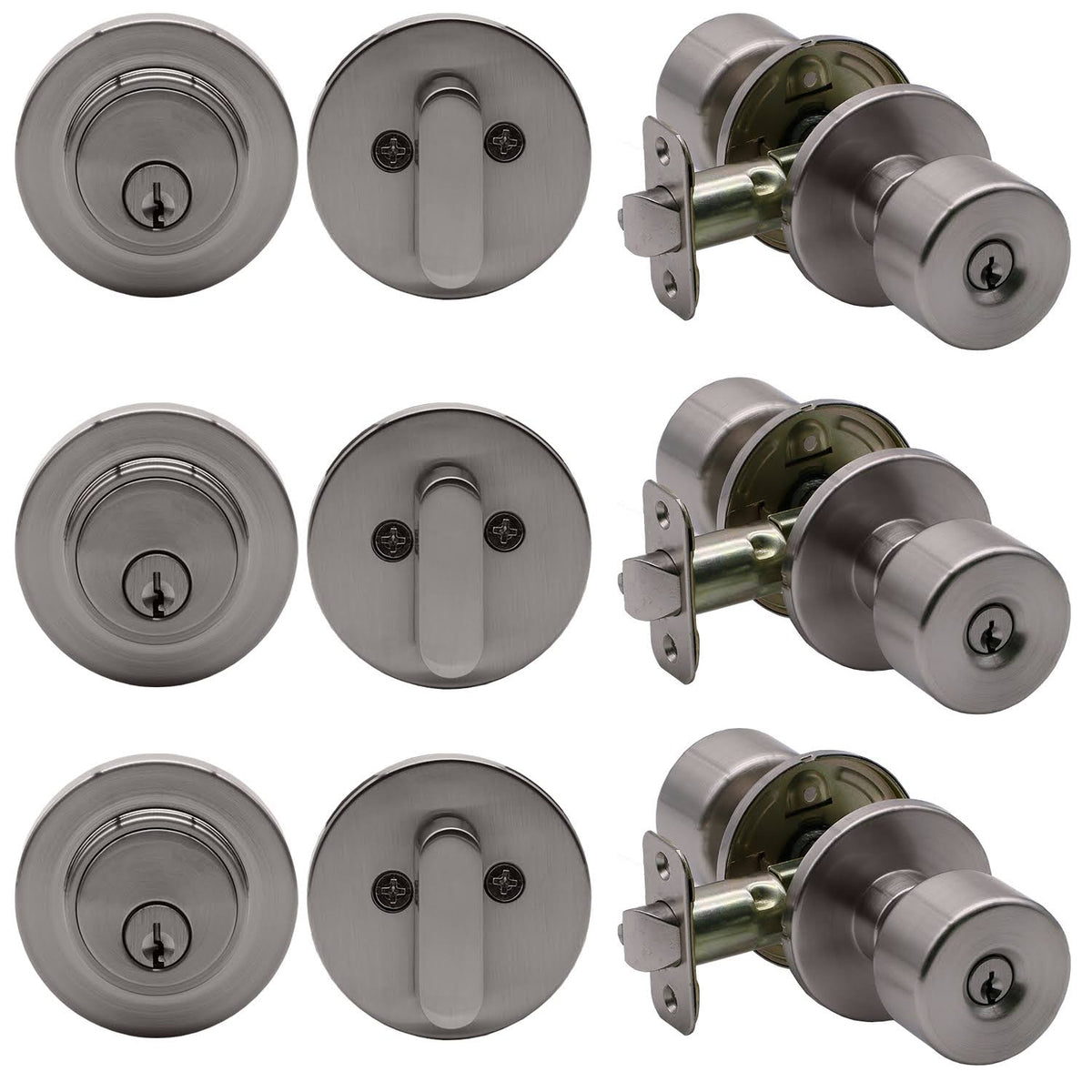 Satin Nickel Keyed Entry Door Knob / Deadbolt 3-Pack with Round Rose Q6510