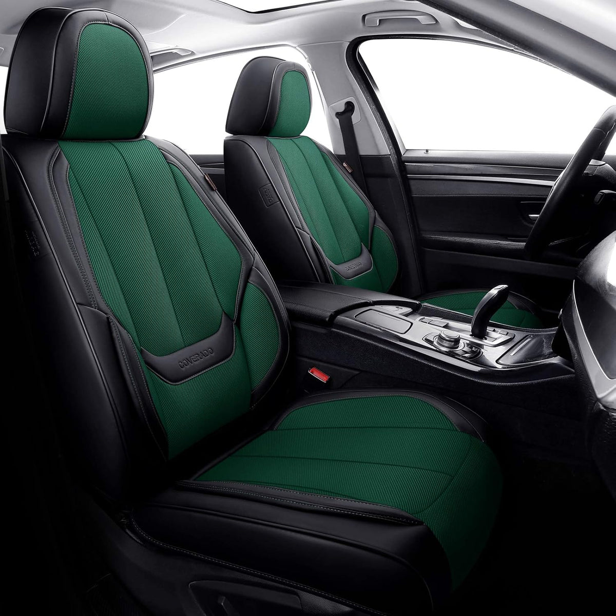 Green Fabric Leather Car Seat Covers 2 Pieces Q30135