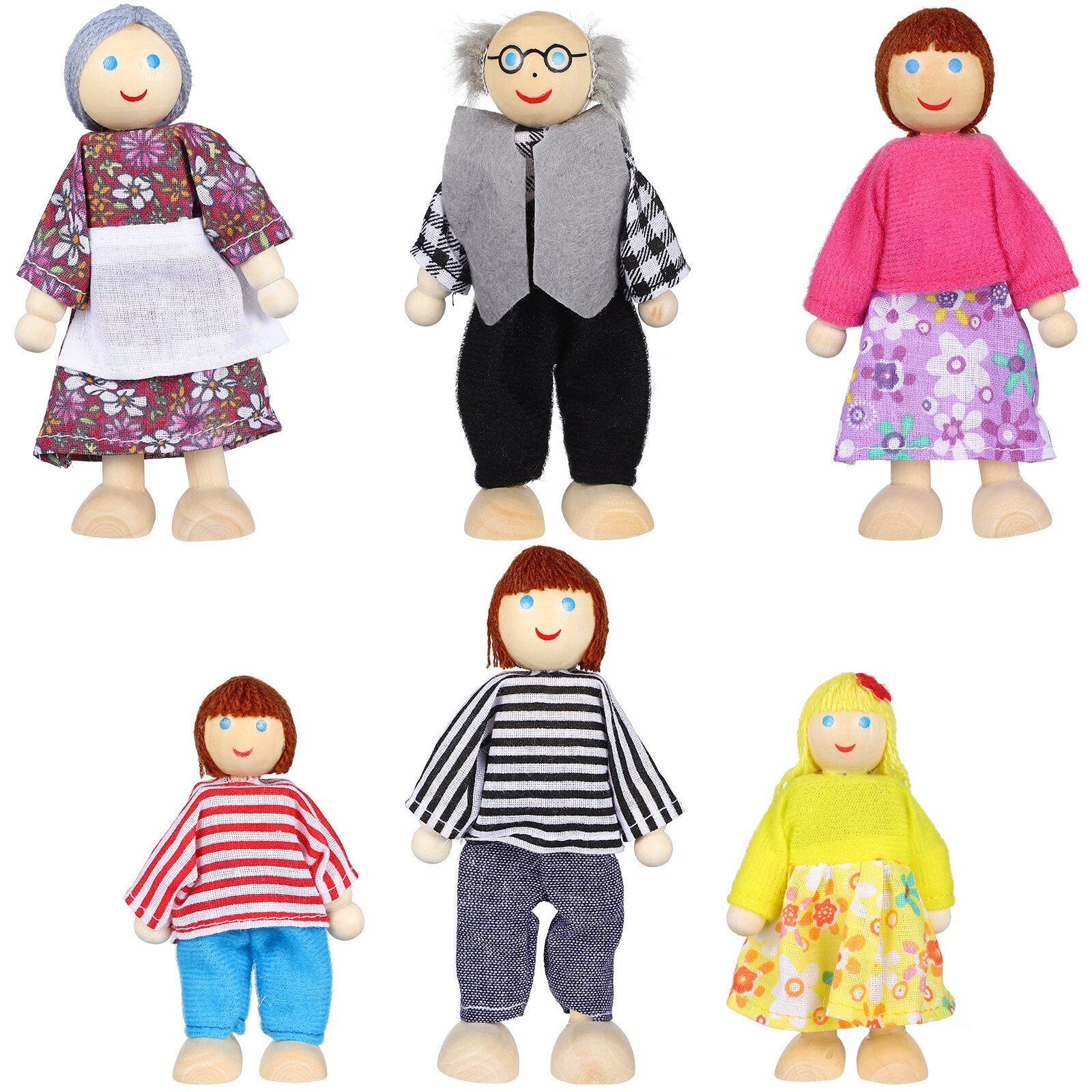 6 Pcs Wooden Doll House Figures Family Member Dolls L73883