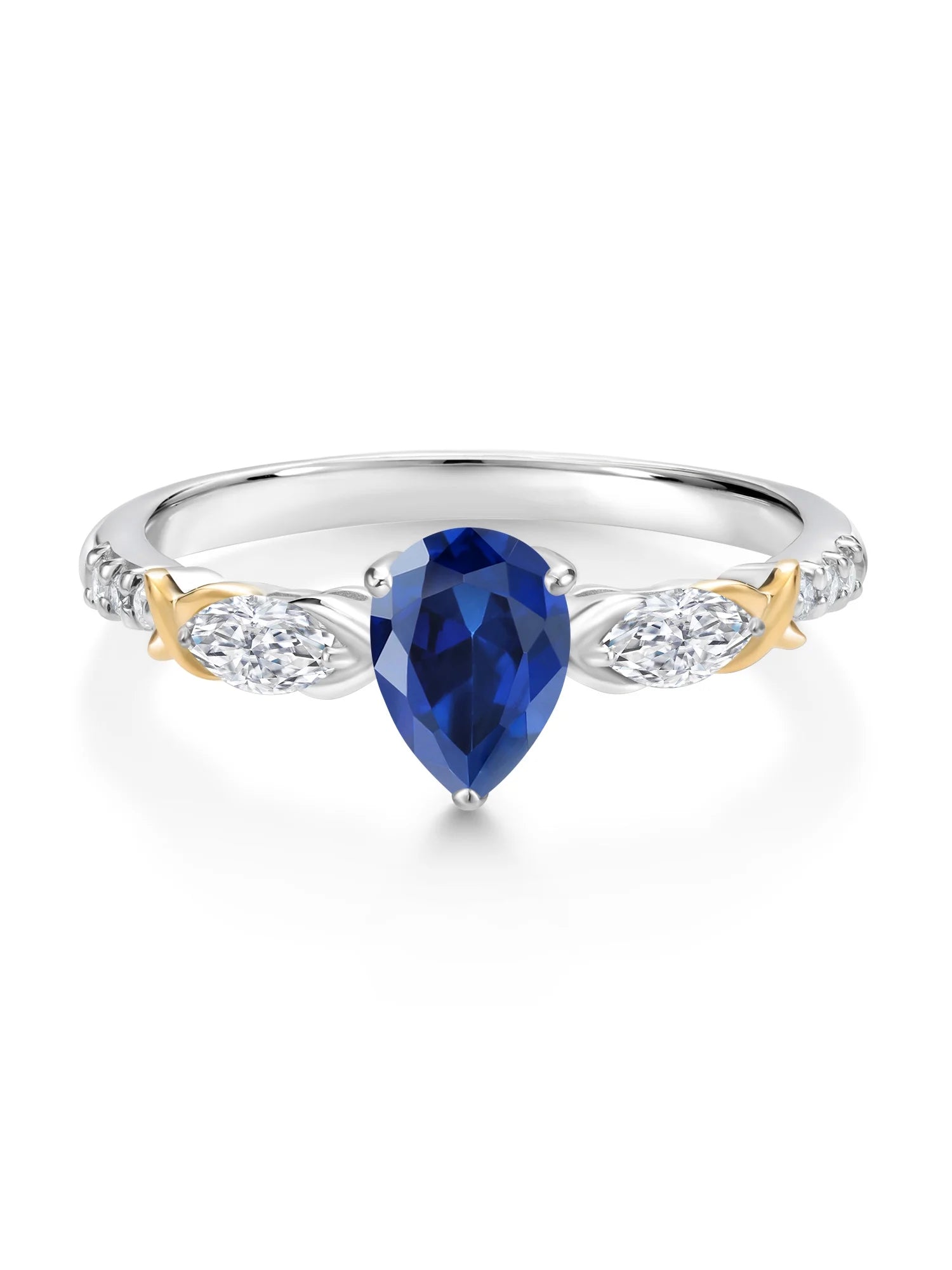 925 Silver 10K Yellow Gold Pear Shape Blue Created Sapphire White Moissanite White Lab Grown Diamond Engagement Ring N7719