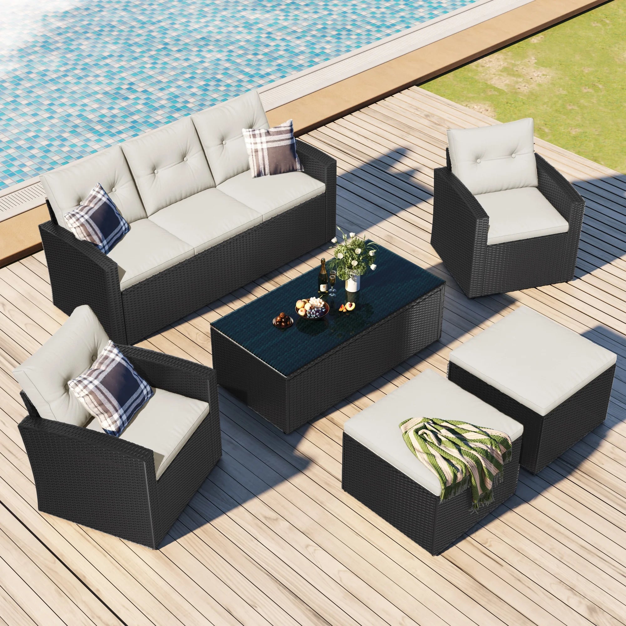 Black Wicker Patio Outdoor Sectional Set with Coffee Table and Removable Cushions E82667