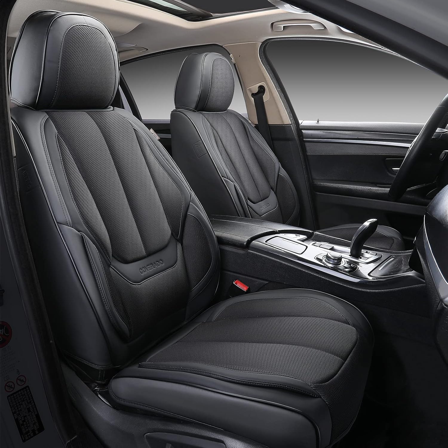 Green Fabric Leather Car Seat Covers 2 Pieces Q30135
