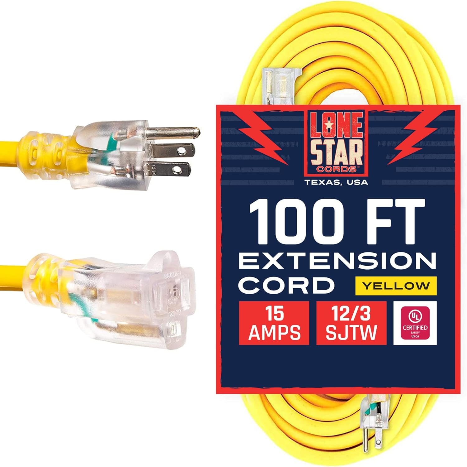 Yellow 12/3 SJTW Lighted Extension Cord, 100 Foot, 3 Prong Grounded Plug, 12 Gauge Cable, Pack of 2 D57297