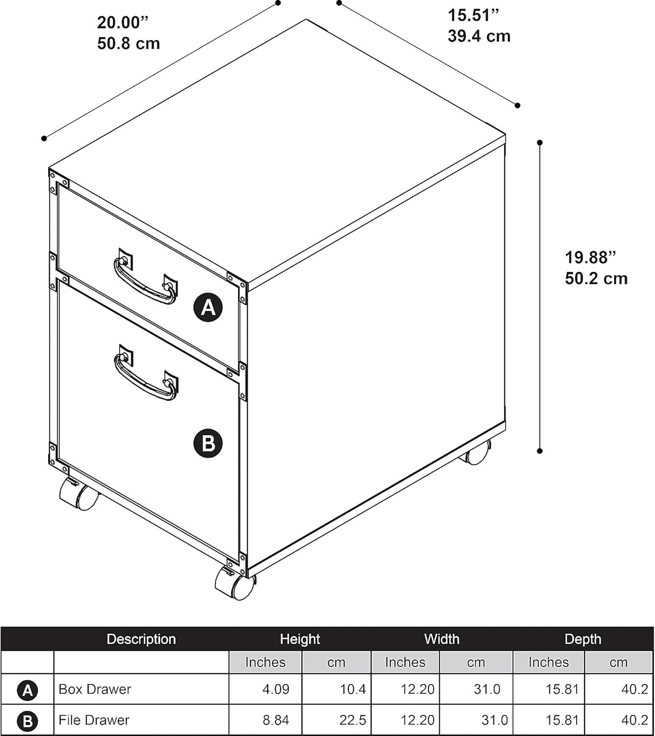 2 Drawer Mobile File Cabinet, Coastal Cherry D957909