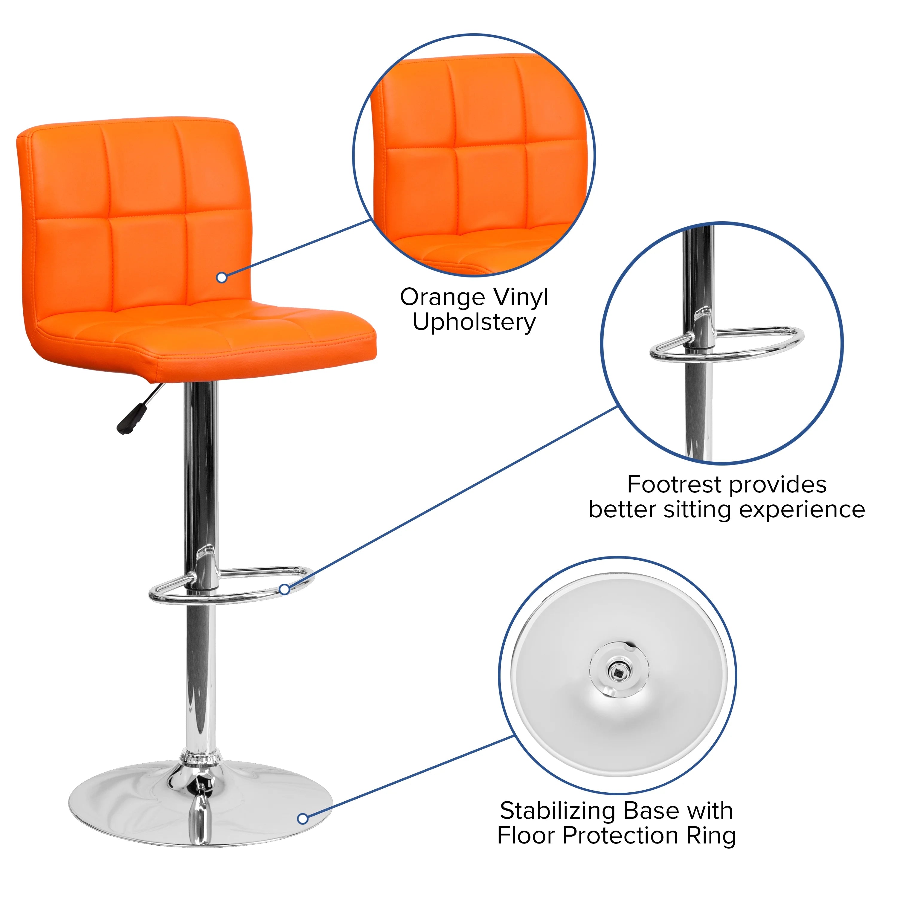 Orange Quilted Vinyl Adjustable Height Barstool with Chrome Base E3725