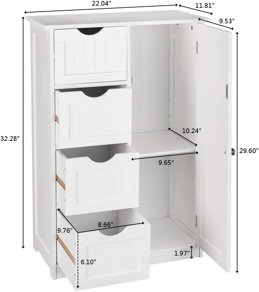 White 4 Drawer Single Door Bathroom Floor Cabinet Y6451