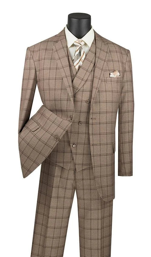 Khaki Regular Fit Windowpane Suit 3 Piece 42 Long 36 Waist Q5352