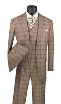 Khaki Regular Fit Windowpane Suit 3 Piece 42 Long 36 Waist Q5352