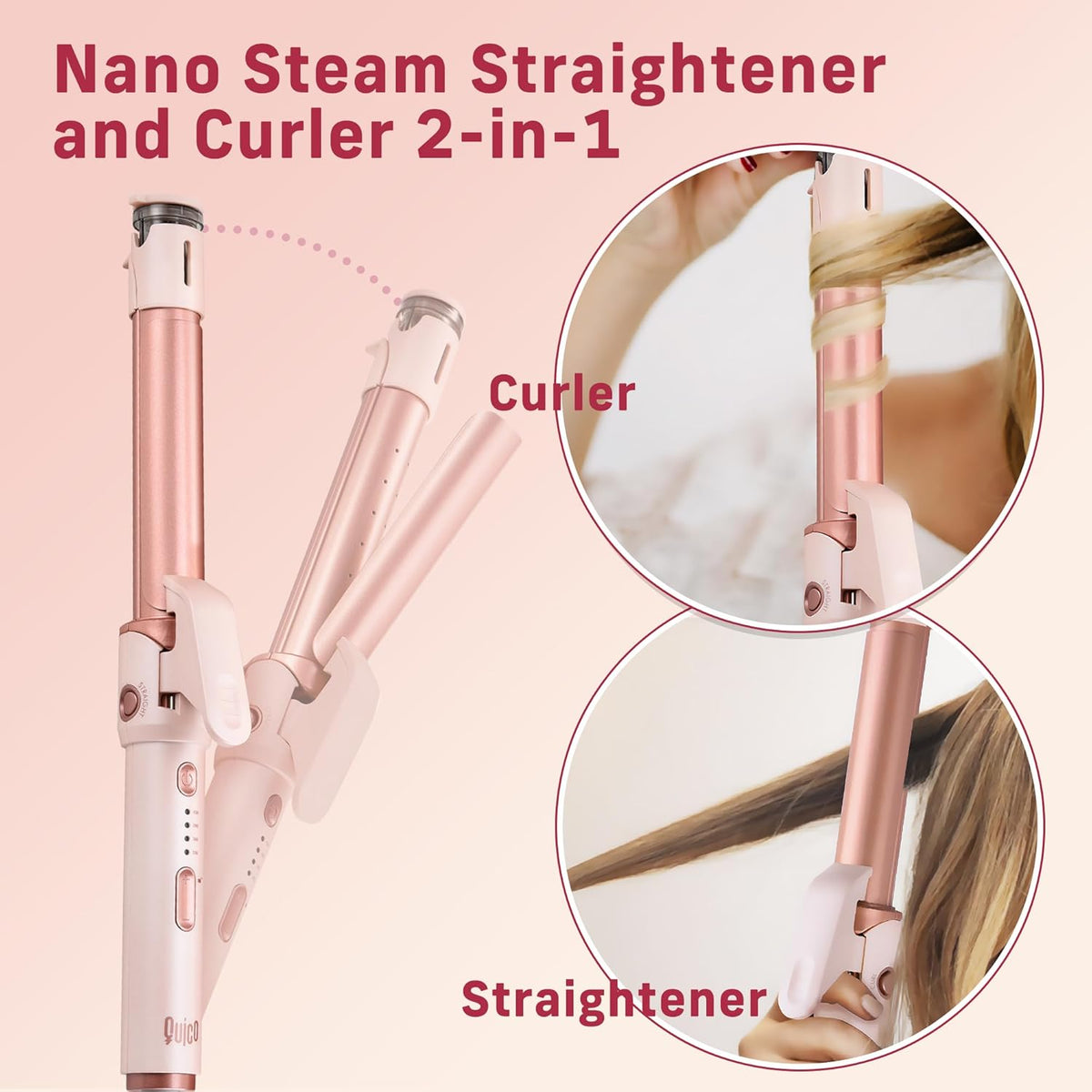 2-in-1 Curler Iron and Steam Hair Straightener, 1" Ceramic Hair Curling Wand X29291