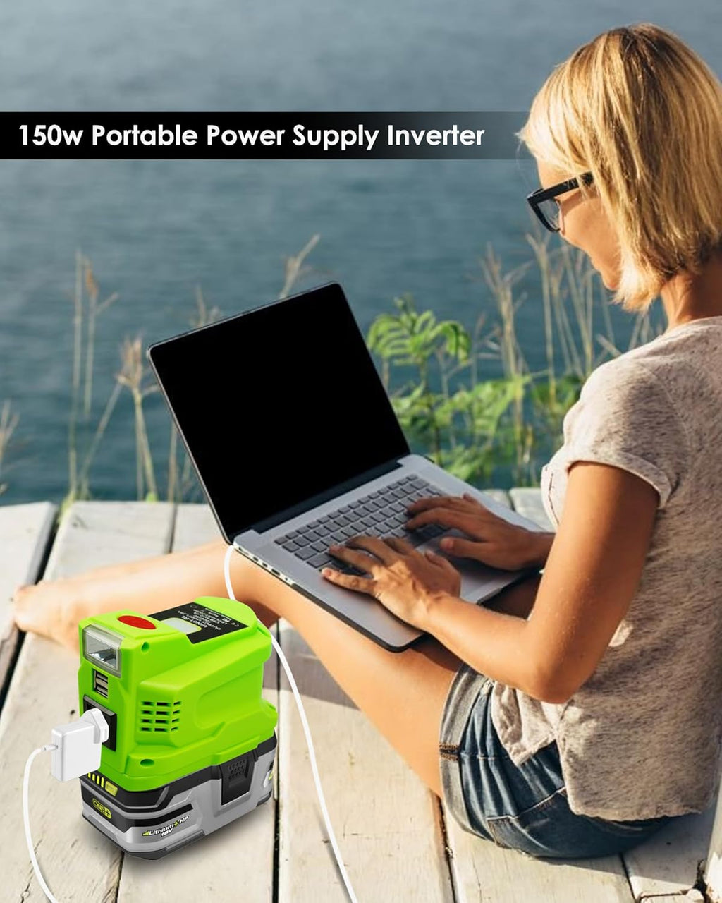150W DC 18V to AC 110V-120V Power Inverter with AC Outlet Dual USB Outlet LED Light F55139