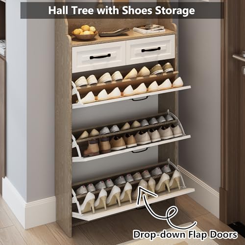 Rustic White Wooden Hall Tree with 5 Coat Hooks and 2 Shoes Cabinets J453726