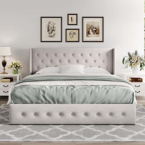 Full Size Lift Up Storage Bed with Wingback Headboard, Light Beige Z576
