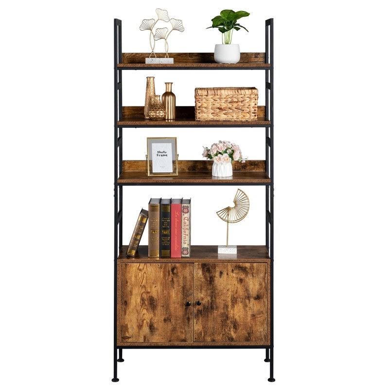 4-Tier Industrial Bookcase with Cabinets - Brown W14492