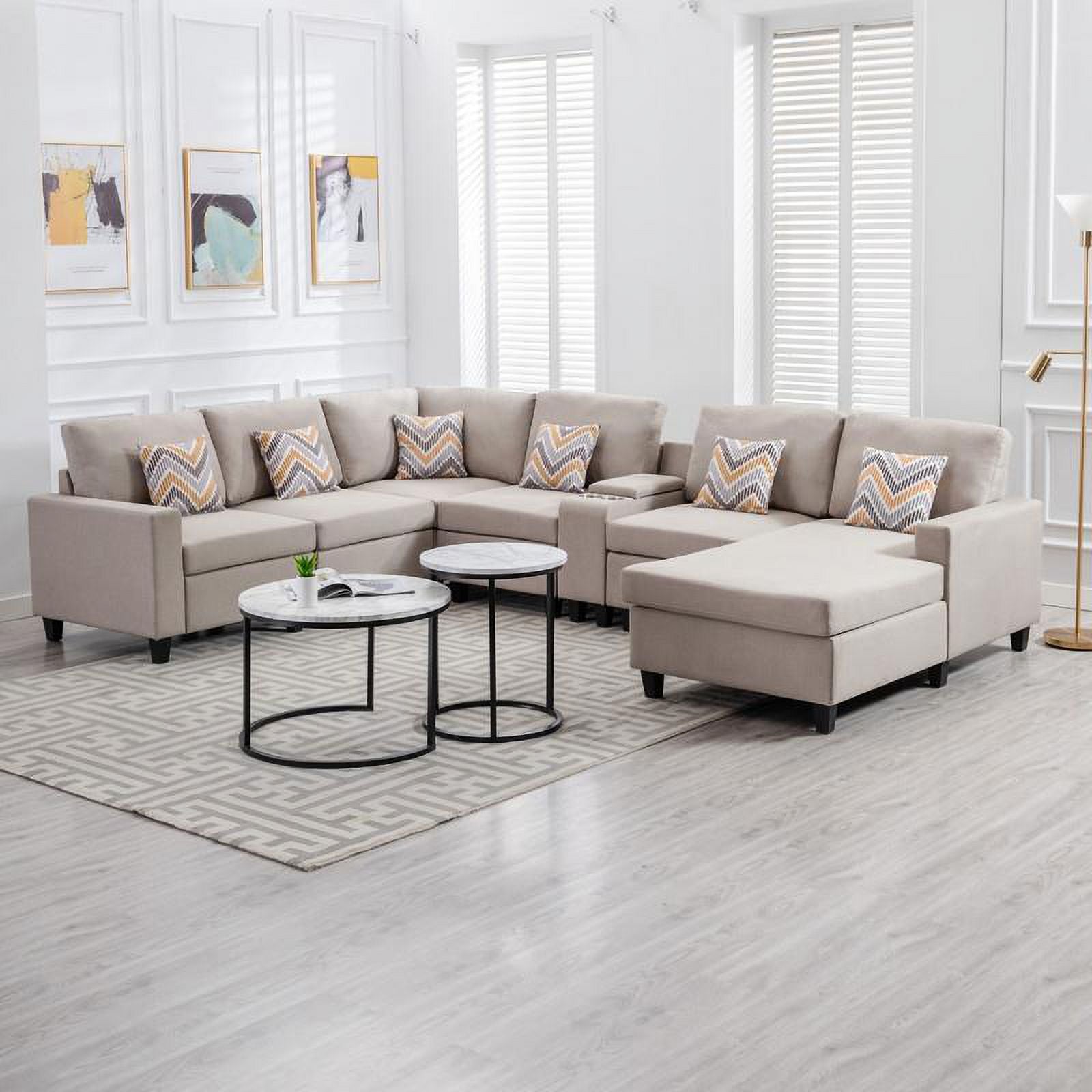 Beige Fabric Reversible Sectional with Charging Port and Storage Console O1857