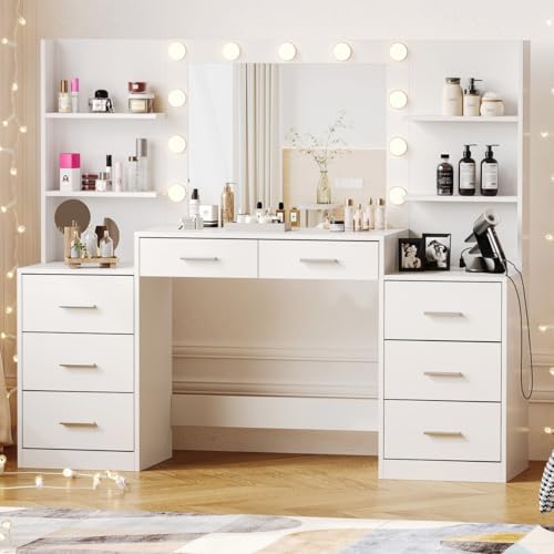 White Vanity Desk with Mirror & Lights, 8 Drawers H633361