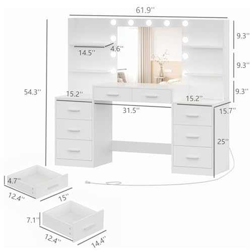 White Vanity Desk with Mirror & Lights, 8 Drawers H633361
