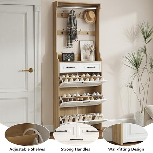 Rustic White Wooden Hall Tree with 5 Coat Hooks and 2 Shoes Cabinets J453726